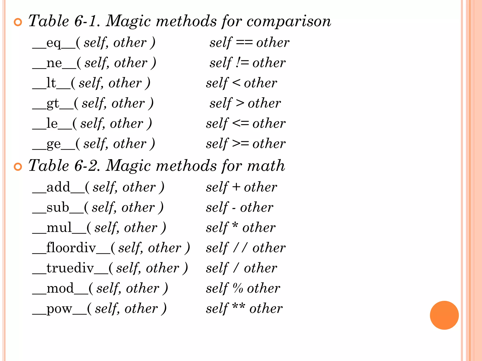  Table 6-1. Magic methods for comparison
__eq__( self, other ) self == other
__ne__( self, other ) self != other
__lt__( self, other ) self < other
__gt__( self, other ) self > other
__le__( self, other ) self <= other
__ge__( self, other ) self >= other
 Table 6-2. Magic methods for math
__add__( self, other ) self + other
__sub__( self, other ) self - other
__mul__( self, other ) self * other
__floordiv__( self, other ) self // other
__truediv__( self, other ) self / other
__mod__( self, other ) self % other
__pow__( self, other ) self ** other
 