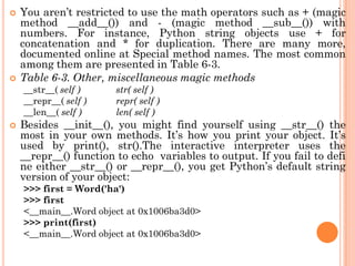  You aren‟t restricted to use the math operators such as + (magic
method __add__()) and - (magic method __sub__()) with
numbers. For instance, Python string objects use + for
concatenation and * for duplication. There are many more,
documented online at Special method names. The most common
among them are presented in Table 6-3.
 Table 6-3. Other, miscellaneous magic methods
__str__( self ) str( self )
__repr__( self ) repr( self )
__len__( self ) len( self )
 Besides __init__(), you might find yourself using __str__() the
most in your own methods. It‟s how you print your object. It‟s
used by print(), str().The interactive interpreter uses the
__repr__() function to echo variables to output. If you fail to defi
ne either __str__() or __repr__(), you get Python‟s default string
version of your object:
>>> first = Word('ha')
>>> first
<__main__.Word object at 0x1006ba3d0>
>>> print(first)
<__main__.Word object at 0x1006ba3d0>
 