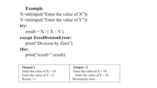 Example
X=int(input(“Enter the value of X”))
Y=int(input(“Enter the value of Y”))
try:
result = X / ( X – Y )
except ZeroDivisionError:
print(“Division by Zero”)
else:
print(“result=”,result)
Output:1
Enter the value of X = 10
Enter the value of Y = 5
Result = 2
Output : 2
Enter the value of X = 10
Enter the value of Y = 10
Division by Zero
 