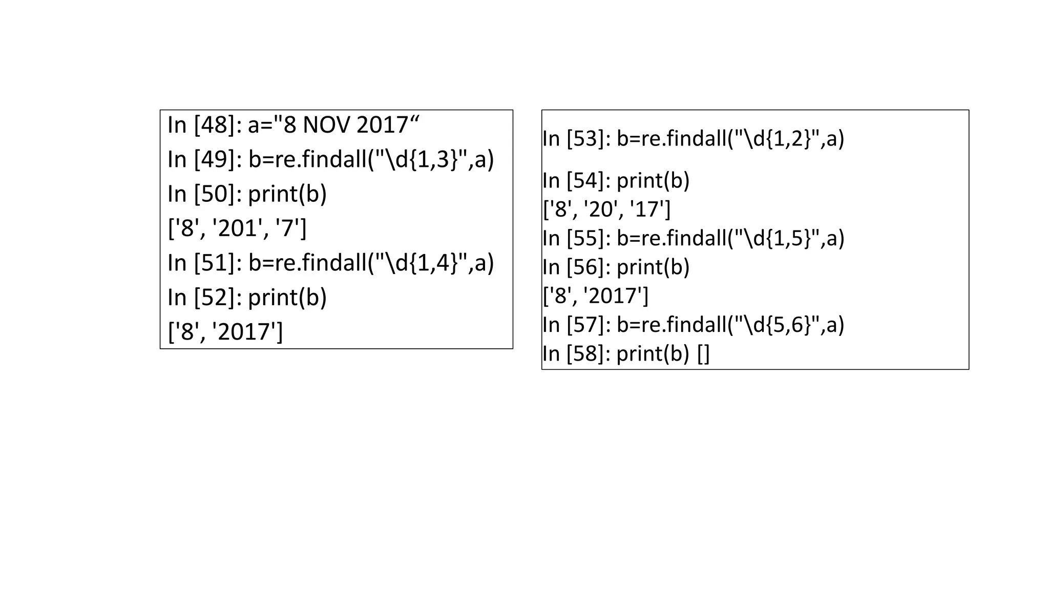 In [53]: b=re.findall("d{1,2}",a)
In [54]: print(b)
['8', '20', '17']
In [55]: b=re.findall("d{1,5}",a)
In [56]: print(b)
['8', '2017']
In [57]: b=re.findall("d{5,6}",a)
In [58]: print(b) []
In [48]: a="8 NOV 2017“
In [49]: b=re.findall("d{1,3}",a)
In [50]: print(b)
['8', '201', '7']
In [51]: b=re.findall("d{1,4}",a)
In [52]: print(b)
['8', '2017']
 