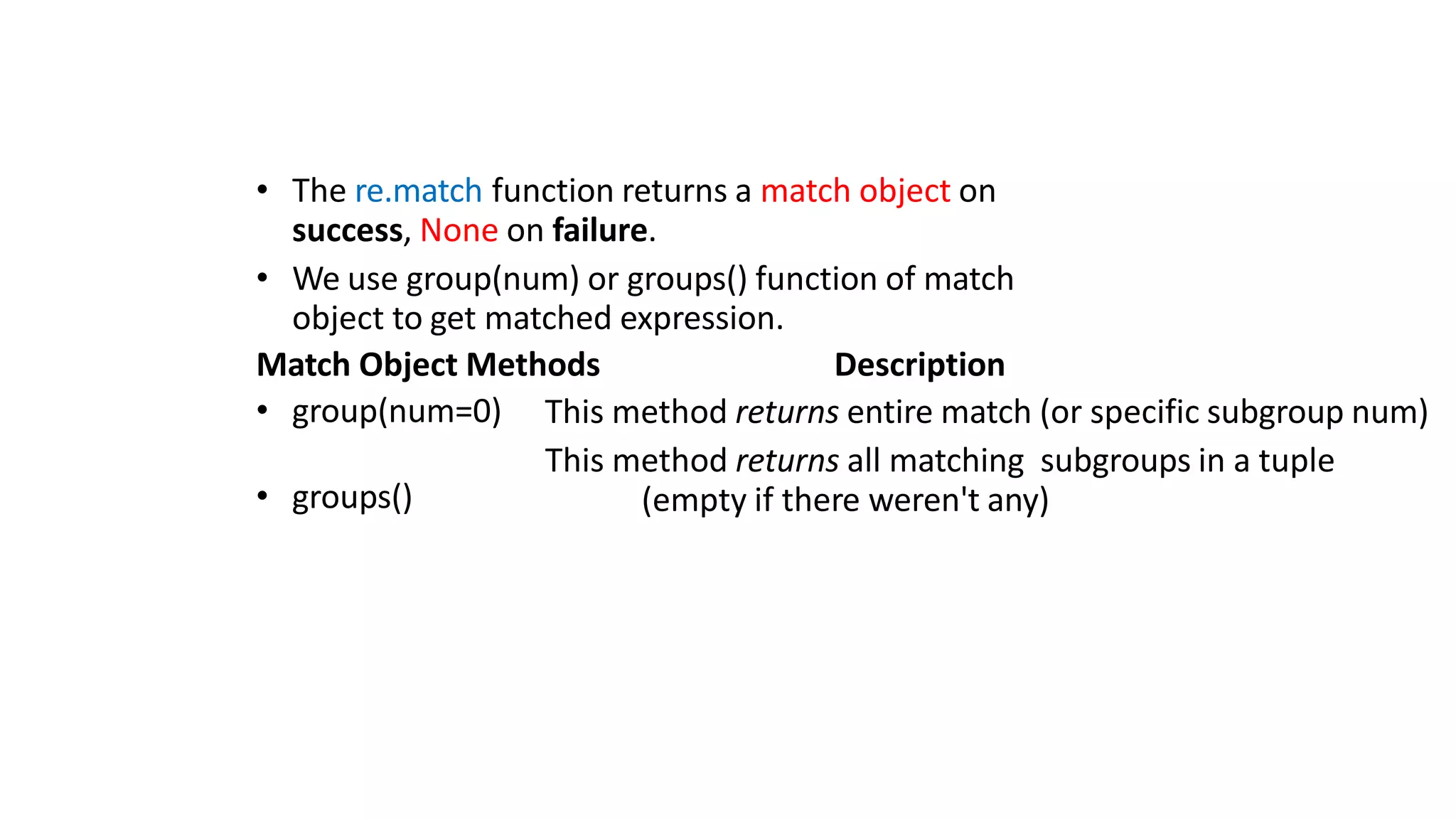 • The re.match function returns a match object on
success, None on failure.
• We use group(num) or groups() function of match
object to get matched expression.
Match Object Methods Description
• group(num=0)
• groups()
This method returns entire match (or specific subgroup num)
This method returns all matching subgroups in a tuple
(empty if there weren't any)
 