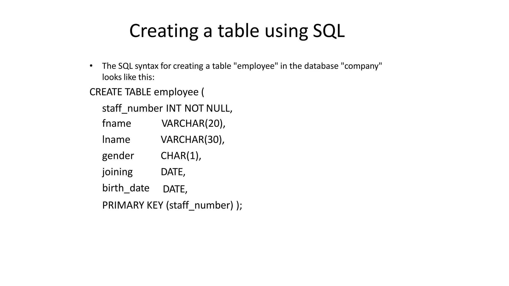 Creating a table using SQL
• The SQL syntax for creating a table "employee" in the database "company"
looks like this:
CREATE TABLE employee (
staff_number INT NOT NULL,
fname
lname
gender
joining
birth_date
VARCHAR(20),
VARCHAR(30),
CHAR(1),
DATE,
DATE,
PRIMARY KEY (staff_number) );
 