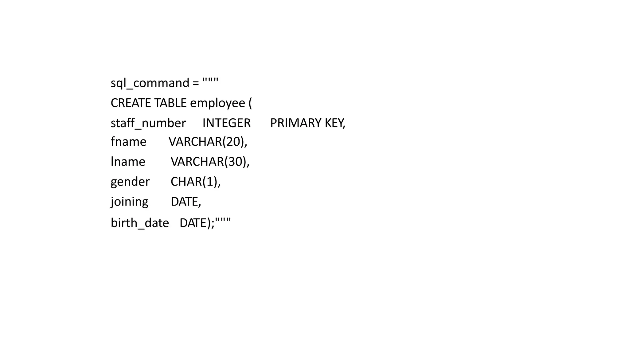 sql_command = """
CREATE TABLE employee (
staff_number INTEGER PRIMARY KEY,
fname
lname
gender
joining
VARCHAR(20),
VARCHAR(30),
CHAR(1),
DATE,
birth_date DATE);"""
 
