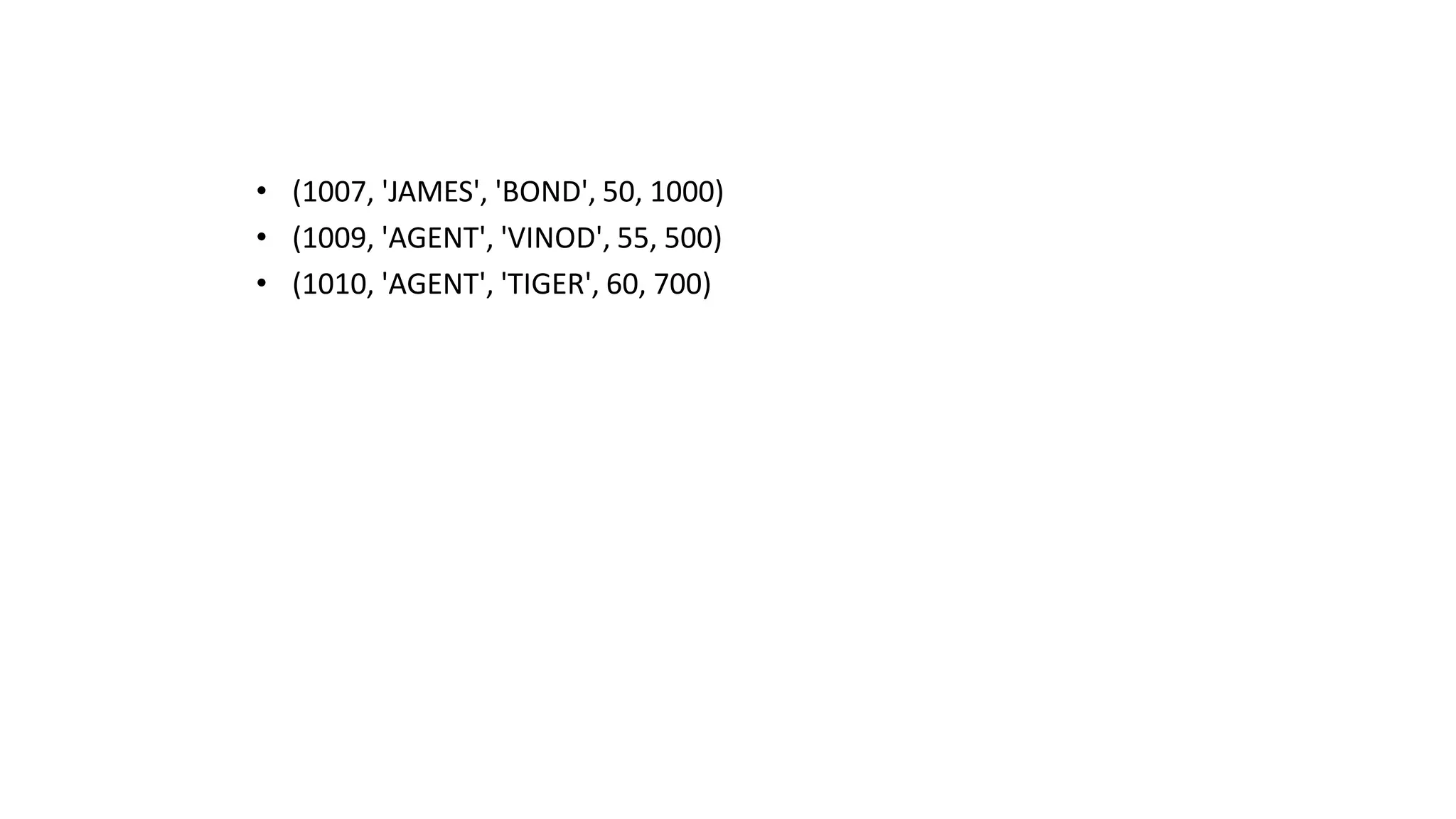 • (1007, 'JAMES', 'BOND', 50, 1000)
• (1009, 'AGENT', 'VINOD', 55, 500)
• (1010, 'AGENT', 'TIGER', 60, 700)
 