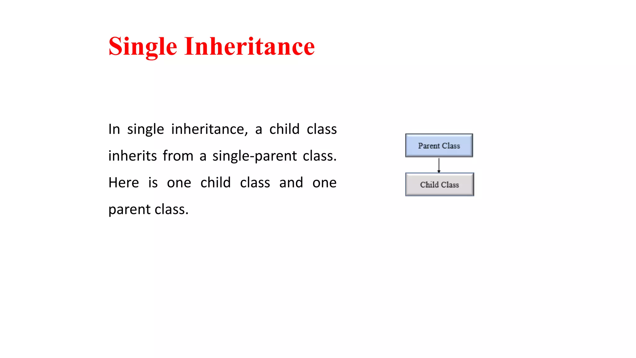 Single Inheritance
In single inheritance, a child class
inherits from a single-parent class.
Here is one child class and one
parent class.
 