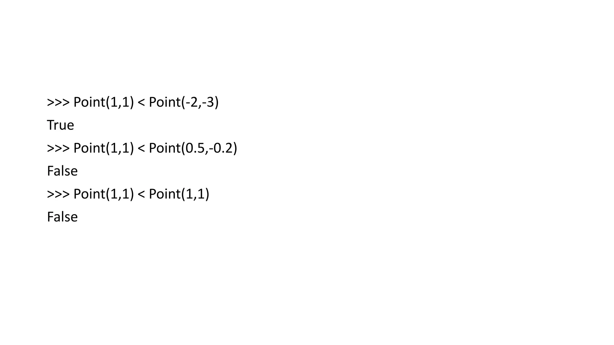 >>> Point(1,1) < Point(-2,-3)
True
>>> Point(1,1) < Point(0.5,-0.2)
False
>>> Point(1,1) < Point(1,1)
False
 