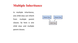 Multiple Inheritance
In multiple inheritance,
one child class can inherit
from multiple parent
classes. So here is one
child class and multiple
parent classes.
 