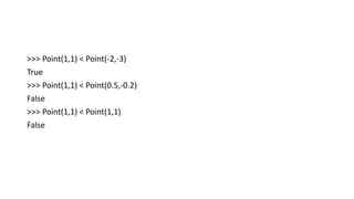 >>> Point(1,1) < Point(-2,-3)
True
>>> Point(1,1) < Point(0.5,-0.2)
False
>>> Point(1,1) < Point(1,1)
False
 