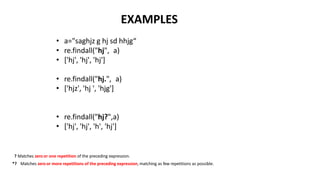 EXAMPLES
• a="saghjz g hj sd hhjg“
• re.findall("hj", a)
• ['hj', 'hj', 'hj']
• re.findall("hj.", a)
• ['hjz', 'hj ', 'hjg']
• re.findall("hj?",a)
• ['hj', 'hj', 'h', 'hj']
? Matches zero or one repetition of the preceding expression.
*? Matches zero or more repetitions of the preceding expression, matching as few repetitions as possible.
 