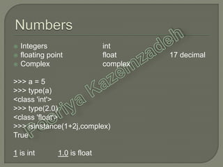 Integers int
 floating point float 17 decimal
 Complex complex
>>> a = 5
>>> type(a)
<class 'int'>
>>> type(2.0)
<class 'float'>
>>> isinstance(1+2j,complex)
True
1 is int 1.0 is float
 