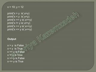 x = 10; y = 12
print('x > y is',x>y)
print('x < y is',x<y)
print('x == y is',x==y)
print('x != y is',x!=y)
print('x >= y is',x>=y)
print('x <= y is',x<=y)
Output
x > y is False
x < y is True
x == y is False
x != y is True
x >= y is False
x <= y is True
 