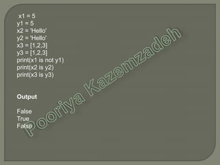 x1 = 5
y1 = 5
x2 = 'Hello'
y2 = 'Hello'
x3 = [1,2,3]
y3 = [1,2,3]
print(x1 is not y1)
print(x2 is y2)
print(x3 is y3)
Output
False
True
False
 