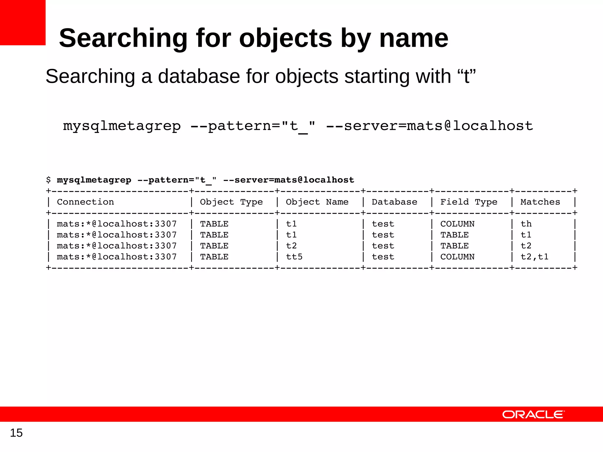 Searching for objects by name
     Searching a database for objects starting with “t”

       mysqlmetagrep ­­pattern="t_" ­­server=mats@localhost


     $ mysqlmetagrep ­­pattern="t_" ­­server=mats@localhost
     +­­­­­­­­­­­­­­­­­­­­­­­­+­­­­­­­­­­­­­­+­­­­­­­­­­­­­­+­­­­­­­­­­­+­­­­­­­­­­­­­+­­­­­­­­­­+
     | Connection             | Object Type  | Object Name  | Database  | Field Type  | Matches  |
     +­­­­­­­­­­­­­­­­­­­­­­­­+­­­­­­­­­­­­­­+­­­­­­­­­­­­­­+­­­­­­­­­­­+­­­­­­­­­­­­­+­­­­­­­­­­+
     | mats:*@localhost:3307  | TABLE        | t1           | test      | COLUMN      | th       |
     | mats:*@localhost:3307  | TABLE        | t1           | test      | TABLE       | t1       |
     | mats:*@localhost:3307  | TABLE        | t2           | test      | TABLE       | t2       |
     | mats:*@localhost:3307  | TABLE        | tt5          | test      | COLUMN      | t2,t1    |
     +­­­­­­­­­­­­­­­­­­­­­­­­+­­­­­­­­­­­­­­+­­­­­­­­­­­­­­+­­­­­­­­­­­+­­­­­­­­­­­­­+­­­­­­­­­­+




15
 
