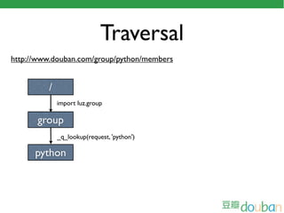 Traversal
http://www.douban.com/group/python/members


         /
             import luz.group

      group
             _q_lookup(request, 'python')

      python
 