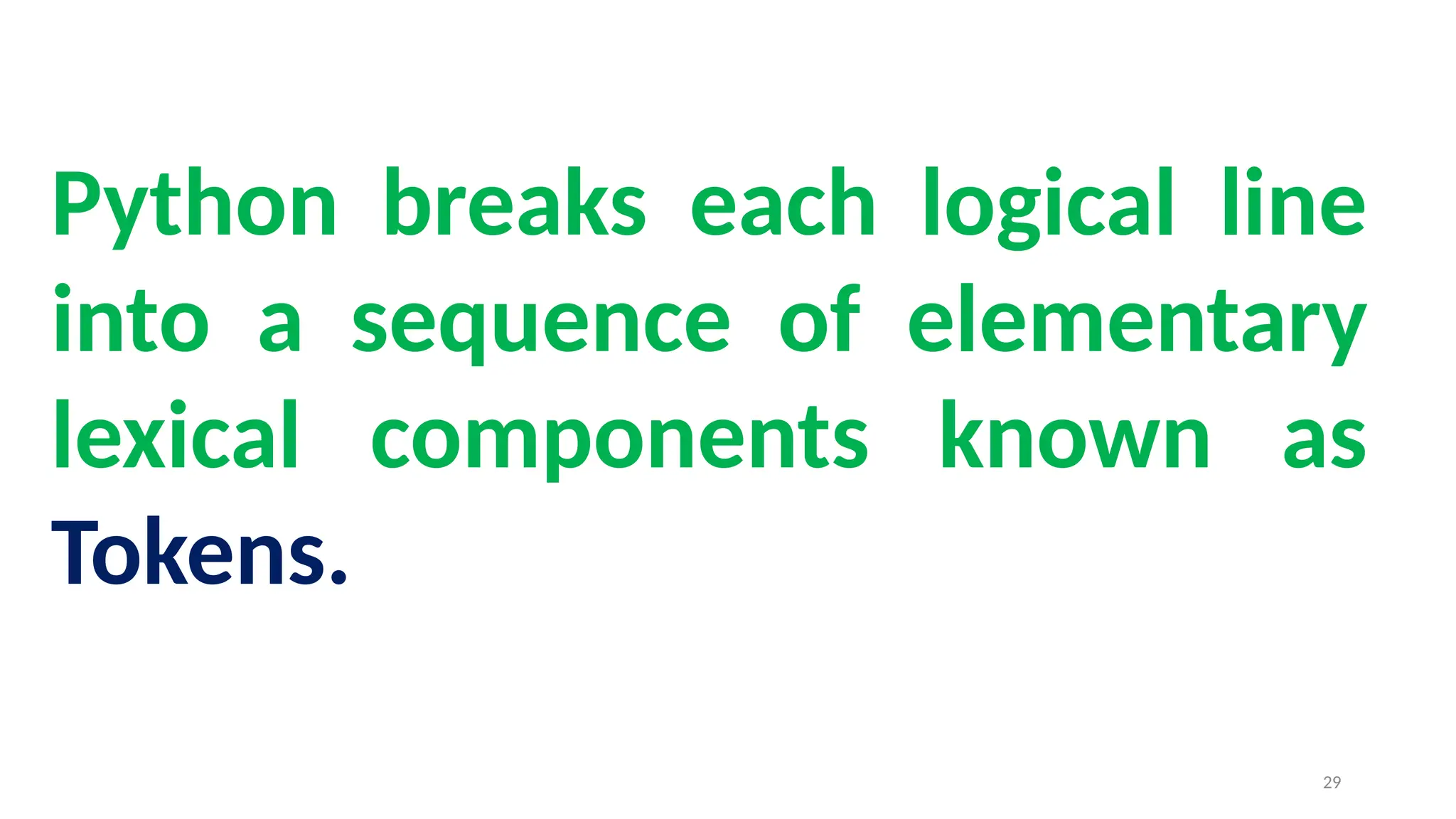 Python breaks each logical line
into a sequence of elementary
lexical components known as
Tokens.
29
 