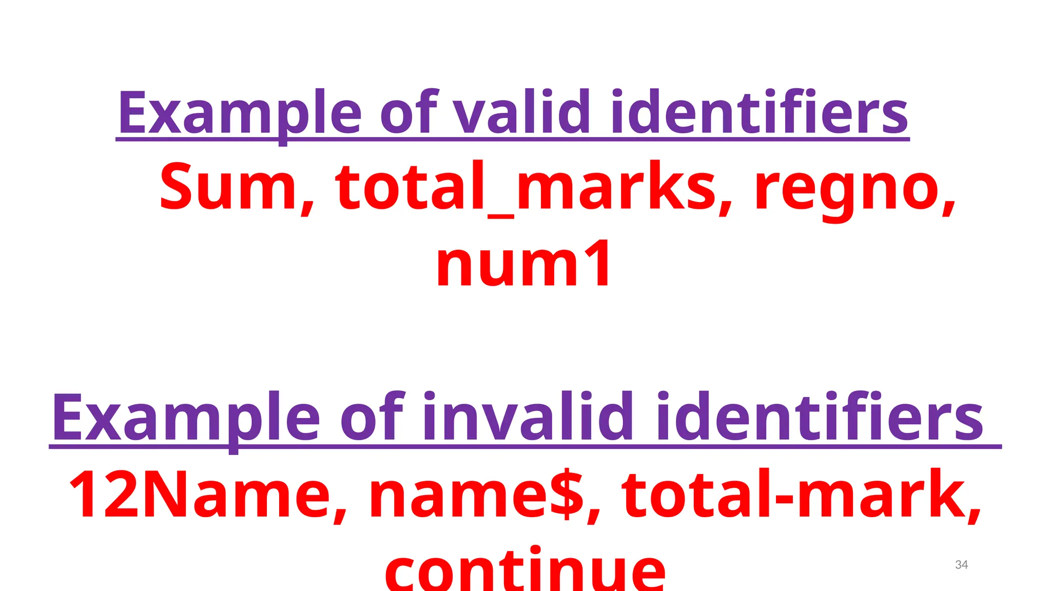 Example of valid identifiers
Sum, total_marks, regno,
num1
Example of invalid identifiers
12Name, name$, total-mark,
34
 