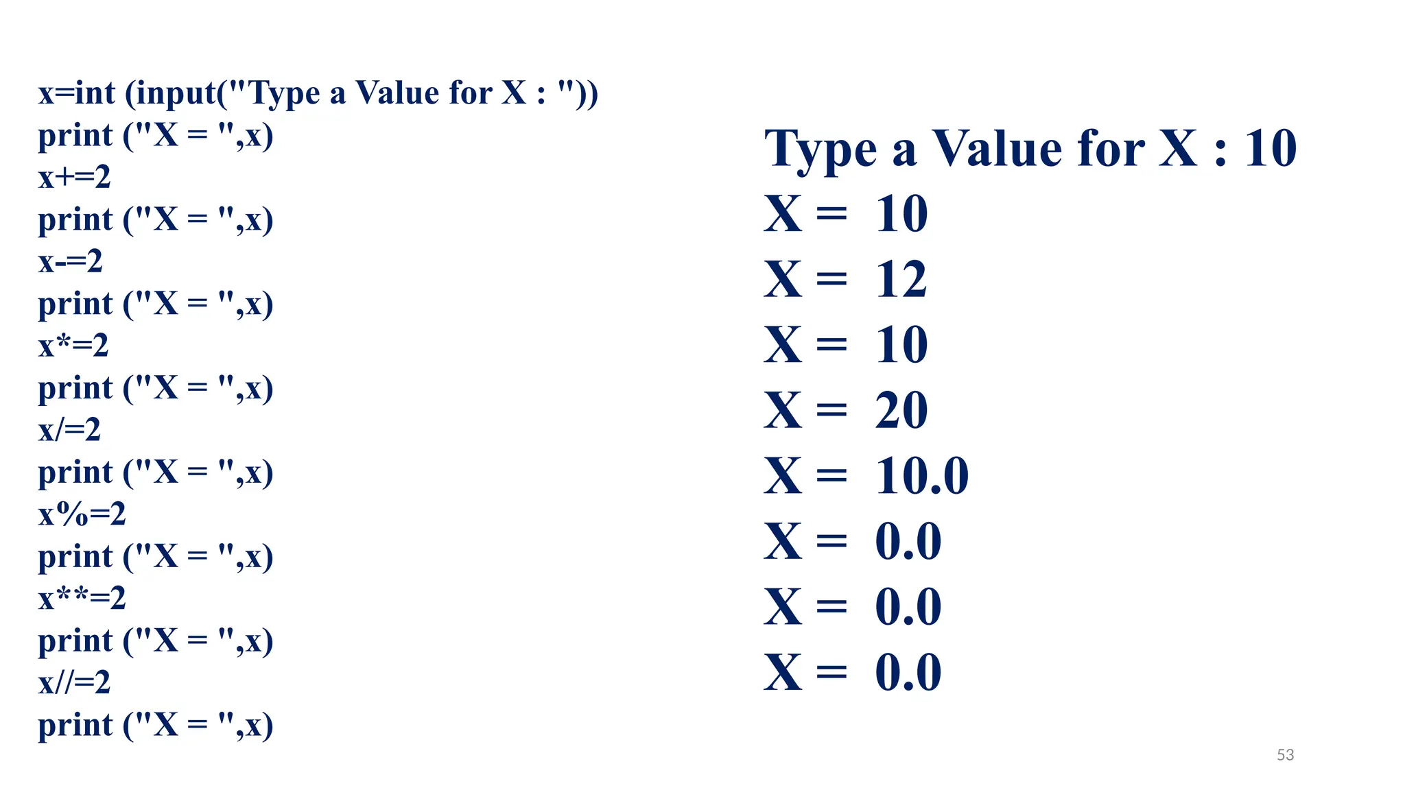 x=int (input("Type a Value for X : "))
print ("X = ",x)
x+=2
print ("X = ",x)
x-=2
print ("X = ",x)
x*=2
print ("X = ",x)
x/=2
print ("X = ",x)
x%=2
print ("X = ",x)
x**=2
print ("X = ",x)
x//=2
print ("X = ",x)
Type a Value for X : 10
X = 10
X = 12
X = 10
X = 20
X = 10.0
X = 0.0
X = 0.0
X = 0.0
53
 
