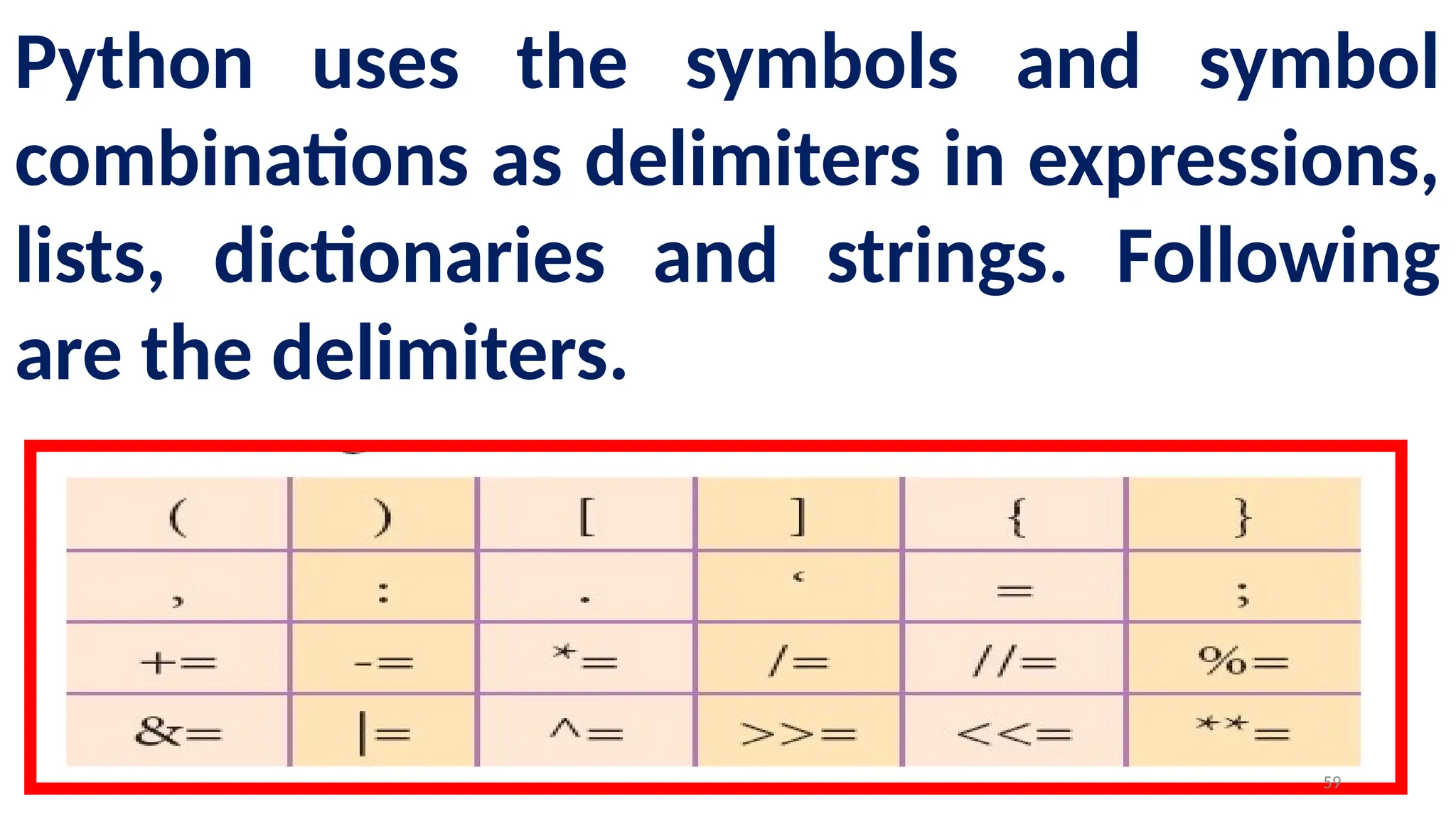 Python uses the symbols and symbol
combinations as delimiters in expressions,
lists, dictionaries and strings. Following
are the delimiters.
59
 