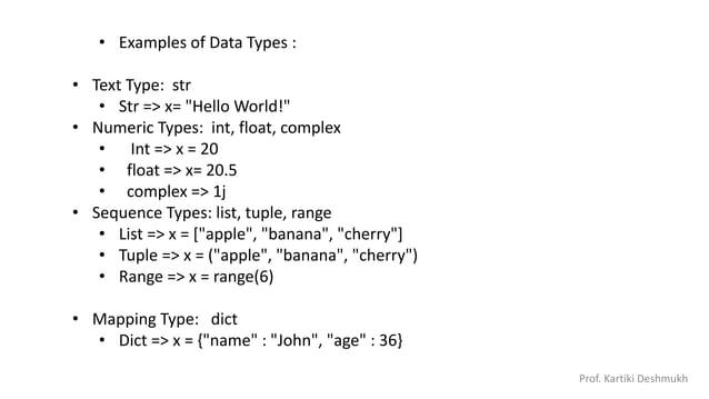 Python Variables, Data Types, Operators with basic Examples | PPT
