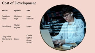 Cost of Development
Factor Python PHP
Developer
Rates
Medium–
High
Low–
Medium
Initial Cost
Slightly
Higher
Lower
Long-term
Maintenanc
e
Lower
Can be
higher
(legacy
issues)
 