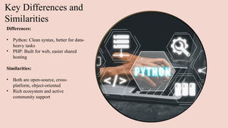 Key Differences and
Similarities
Differences:
• Python: Clean syntax, better for data-
heavy tasks
• PHP: Built for web, easier shared
hosting
Similarities:
• Both are open-source, cross-
platform, object-oriented
• Rich ecosystem and active
community support
 