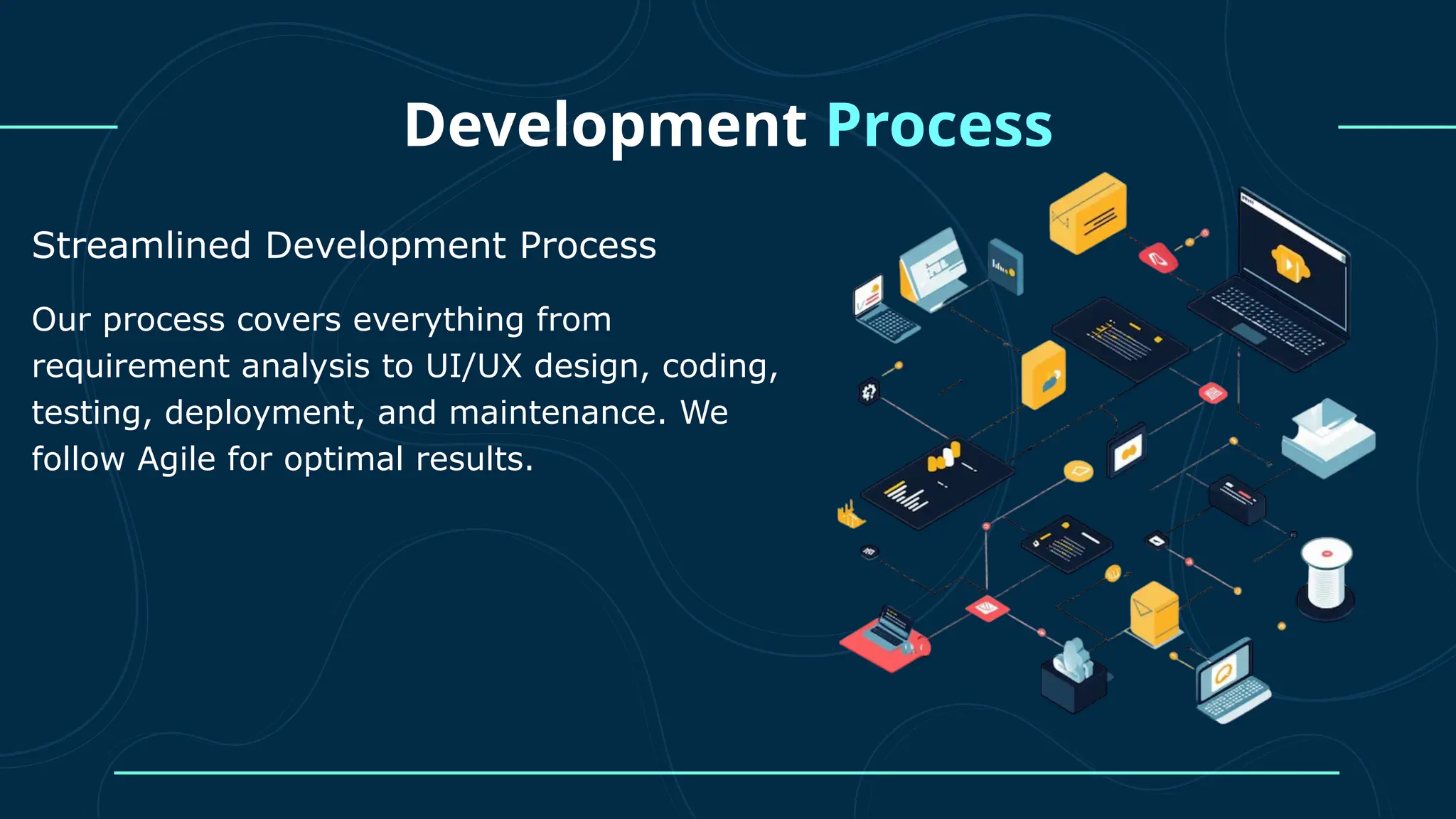 Development Process Streamlined Development Process Our process covers everything from requirement analysis to UI/UX design, coding, testing, deployment, and maintenance. We follow Agile for optimal results. 