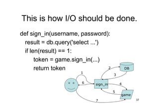 This is how I/O should be done.
def sign_in(username, password):
  result = db.query('select ...')
  if len(result) == 1:
       token = game.sign_in(...)
       return token               2            DB
                       1
                                       3

                       6     sign_in       4

                                       5
                                           game
                             7                      37
 