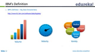IBM’s Definition 
 IBM’s Definition – Big Data Characteristics 
http://www-01.ibm.com/software/data/bigdata/ 
Web 
logs 
Audios 
Images 
Videos 
Sensor 
Data 
Volume Velocity Variety 
Slide 12 www.edureka.co/python 
 