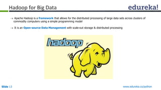 Hadoop for Big Data 
 Apache Hadoop is a framework that allows for the distributed processing of large data sets across clusters of 
commodity computers using a simple programming model 
 It is an Open-source Data Management with scale-out storage & distributed processing 
Slide 13 www.edureka.co/python 
 
