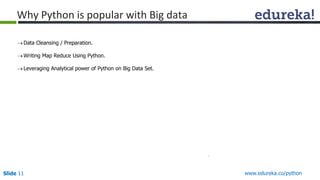 Slide 11 www.edureka.co/python
Data Cleansing / Preparation.
Writing Map Reduce Using Python.
Leveraging Analytical power of Python on Big Data Set.
Why Python is popular with Big data
 