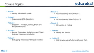 Slide 23Slide 23 www.edureka.co/python
Course Topics
 Module 1
» Getting Started with Python
 Module 2
» Sequences and File Operations
 Module 3
» Deep Dive - Functions, Sorting, Errors and
Exception Handling
 Module 4
» Regular Expressions, its Packages and Object
Oriented Programming in Python
 Module 5
» Debugging, Databases and Project Skeletons
Module 6
» Machine Learning Using Python – I
Module 7
» Machine Learning Using Python – II
Module 8
» Introduction to Hadoop
 Module 9
» Hadoop and Python
 Module 10
» Web Scraping using Python and Project Work
 