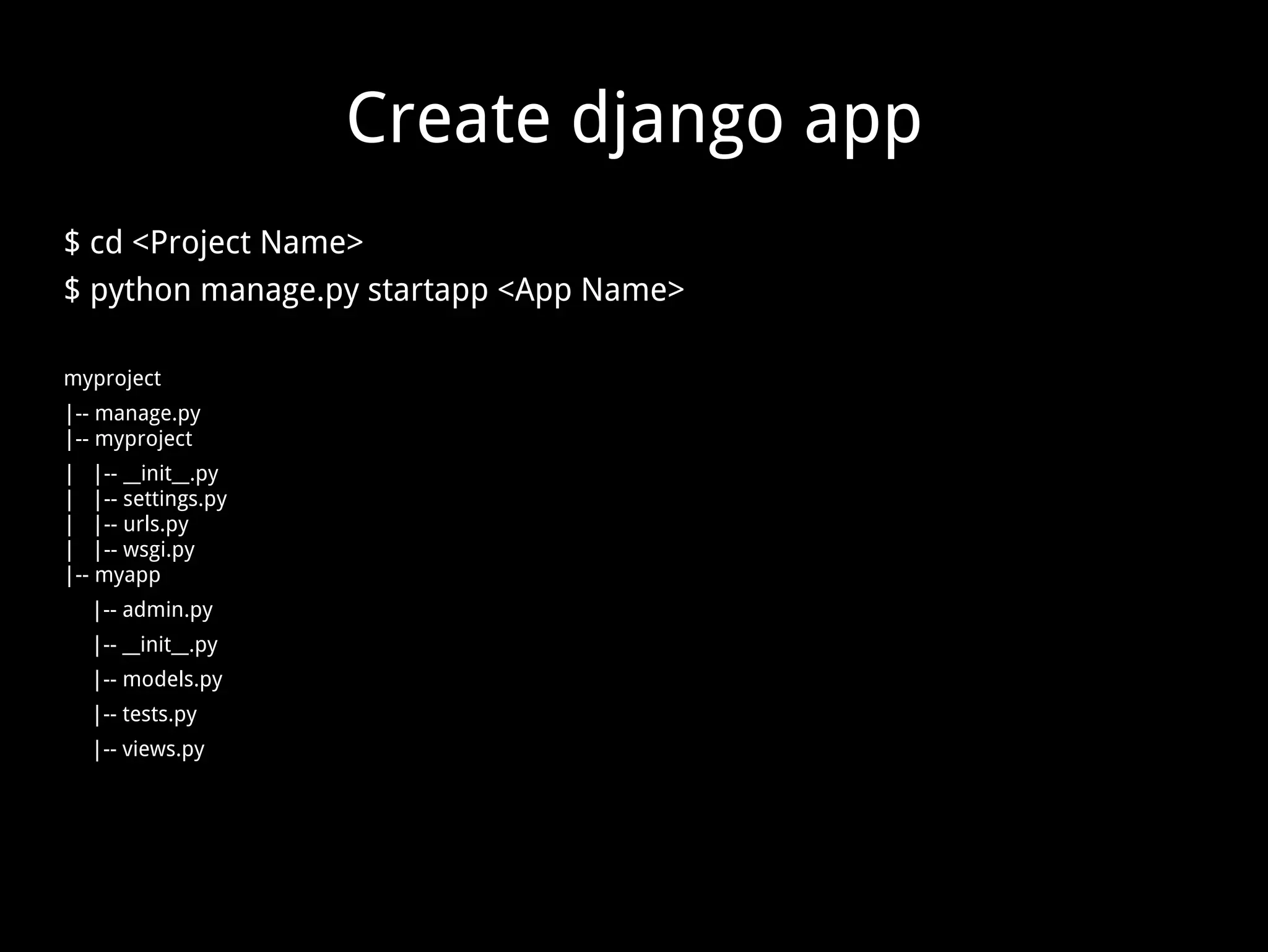 Create django app $ cd <Project Name> $ python manage.py startapp <App Name> myproject |-- manage.py |-- myproject | |-- __init__.py | |-- settings.py | |-- urls.py | |-- wsgi.py |-- myapp |-- admin.py |-- __init__.py |-- models.py |-- tests.py |-- views.py 