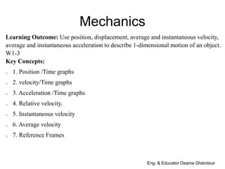 Mechanics
Eng. & Educator Osama Ghandour
Learning Outcome: Use position, displacement, average and instantaneous velocity,
average and instantaneous acceleration to describe 1-dimensional motion of an object.
W1-3
Key Concepts:
o 1. Position /Time graphs
o 2. velocity/Time graphs
o 3. Acceleration /Time graphs
o 4. Relative velocity.
o 5. Instantaneous velocity
o 6. Average velocity
o 7. Reference Frames
 
