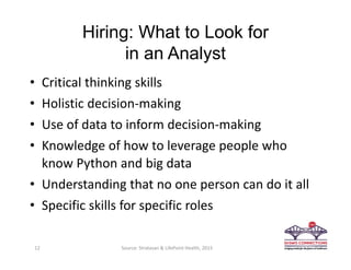 Hiring: What to Look for
in an Analyst
• Critical thinking skills
• Holistic decision‐making
• Use of data to inform decision‐making
• Knowledge of how to leverage people who 
know Python and big data
• Understanding that no one person can do it all
• Specific skills for specific roles
12 Source: Stratasan & LifePoint Health, 2015
 