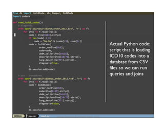 Actual Python code:
script that is loading
ICD10 codes into a
database from CSV
files so we can run
queries and joins
27 Source: Stratasan & LifePoint Health, 2015
 