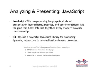 Analyzing & Presenting: JavaScript
• JavaScript ‐ This programming language is all about 
presentation layer (charts, graphics, and user interaction). It is 
the glue that holds Internet together. Every modern browser 
runs Javascript. 
• D3 ‐ D3.js is a powerful JavaScript library for producing 
dynamic, interactive data visualizations in web browsers.
36 Source: Stratasan & LifePoint Health, 2015
 