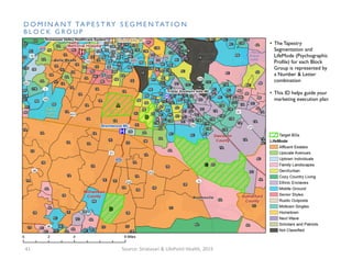Northern Block Groups are zoomed in the next map
41
D O M I N A N T   TA P E S T R Y   S E G M E N TAT I O N
B L O C K   G R O U P
• The Tapestry
Segmentation and
LifeMode (Psychographic
Profile) for each Block
Group is represented by
a Number & Letter
combination
• This ID helps guide your
marketing execution plan
D O M I N A N T TA P E S T RY S E G M E N TAT I O N
B L O C K G RO U P
Source: Stratasan & LifePoint Health, 2015
 