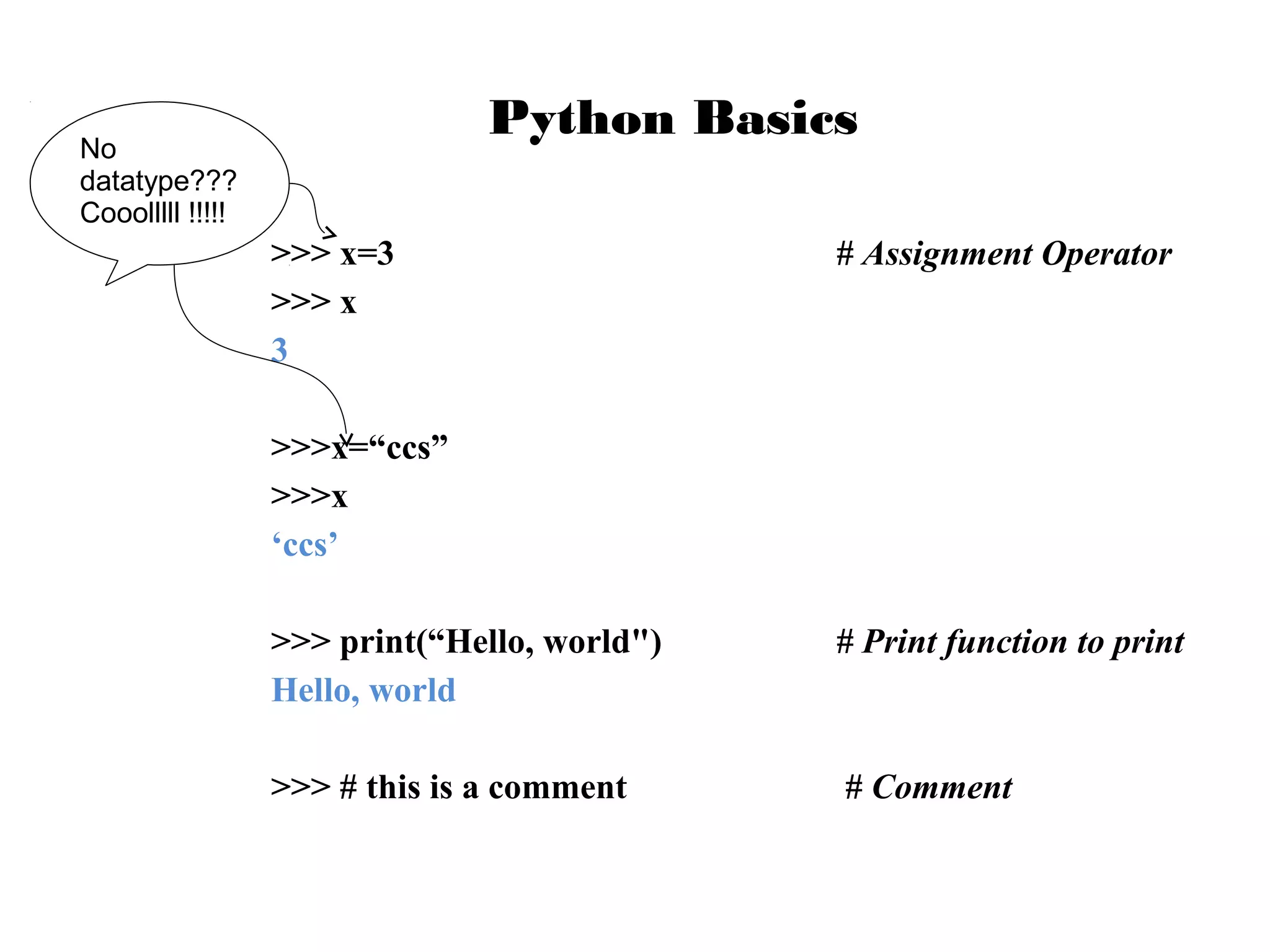 Python Basics

No
datatype???
Cooolllll !!!!!

>>> x=3
>>> x
3

# Assignment Operator

>>>x=“ccs”
>>>x
‘ccs’
>>> print(“Hello, world")
Hello, world

# Print function to print

>>> # this is a comment

# Comment

 