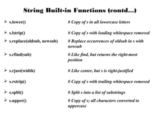 String Built-in Functions (contd...)
 s.lower()

# Copy of s in all lowercase letters

 s.lstrip()

# Copy of s with leading whitespace removed

 s.replace(oldsub, newsub)

# Replace occurrences of oldsub in s with
newsub

 s.rfind(sub)

# Like find, but returns the right-most
position

 s.rjust(width)

# Like center, but s is right-justified

 s.rstrip()

# Copy of s with trailing whitespace removed

 s.split()

# Split s into a list of substrings

 s.upper()

# Copy of s; all characters converted to
uppercase

 