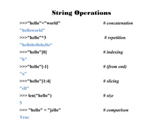 String Operations
>>>"hello"+"world"

# concatenation

"helloworld"
>>>"hello"*3

# repetition

"hellohellohello“
>>>"hello"[0]

# indexing

"h"
>>>"hello"[-1]

# (from end)

"o”
>>>"hello"[1:4]

# slicing

"ell"
>>> len("hello")

# size

5
>>> "hello" < "jello"
True

# comparison

 