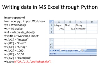 Writing data in MS Excel through Python
import openpyxl
from openpyxl import Workbook
wb = Workbook()
ws = wb.active
ws1 = wb.create_sheet()
ws.title = "Workshop Sheet"
ws['A1'] = "Integer"
ws['B1'] = "Float"
ws['C1'] = "String"
ws['A2'] = 1000
ws['B2'] = 50.50
ws['C2'] = "Hamdard"
wb.save(r"C:.........workshop.xlsx")
 