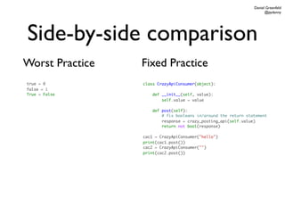 Daniel Greenfeld
                                                                      @pydanny




Side-by-side comparison
Worst Practice   Fixed Practice
true = 0         class CrazyApiConsumer(object):
false = 1
True = False         def __init__(self, value):
                         self.value = value

                     def post(self):
                         # fix booleans in/around the return statement
                         response = crazy_posting_api(self.value)
                         return not bool(response)

                 cac1 = CrazyApiConsumer("hello")
                 print(cac1.post())
                 cac2 = CrazyApiConsumer("")
                 print(cac2.post())
 