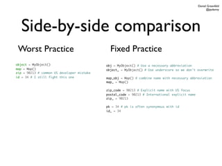 Daniel Greenfeld
                                                                                                      @pydanny




   Side-by-side comparison
 Worst Practice                               Fixed Practice
object = MyObject()                         obj = MyObject() # Use a necessary abbreviation
map = Map()                                 object_ = MyObject() # Use underscore so we don't overwrite
zip = 90213 # common US developer mistake
id = 34 # I still fight this one            map_obj = Map() # combine name with necessary abbreviation
                                            map_ = Map()

                                            zip_code = 90213 # Explicit name with US focus
                                            postal_code = 90213 # International explicit name
                                            zip_ = 90213

                                            pk = 34 # pk is often synonymous with id
                                            id_ = 34
 