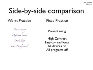 Daniel Greenfeld
                                              @pydanny




Side-by-side comparison
Worst Practice     Fixed Practice

   Present using
                     Present using
  Diﬀerent Fonts

                     High Contrast
    Dark Text
                   Easy-to-read fonts
 Dire Backgr#nds     All devices off
                    All programs off
 