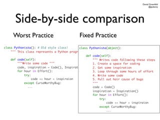 Daniel Greenfeld
                                                                                        @pydanny




      Side-by-side comparison
     Worst Practice                         Fixed Practice
class Pythonista(): # Old style class!       class Pythonista(object):
    """ This class represents a Python programmer """
                                                 def code(self):
    def code(self):                                  """ Writes code following these steps
        """Write some code """                       1. Create a space for coding
        code, inspiration = Code(), Inspiration()    2. Get some inspiration
        for hour in Effort():                        3. Loop through some hours of effort
            try:                                     4. Write some code
                 code += hour + inspiraion           5. Pull out hair cause of bugs
            except CurseWorthyBug:                   """
              ...                                    code = Code()
                                                     inspiration = Inspiration()
                                                     for hour in Effort():
                                                         try:
                                                              code += hour + inspiraion
                                                         except CurseWorthyBug:
                                                              ...
 