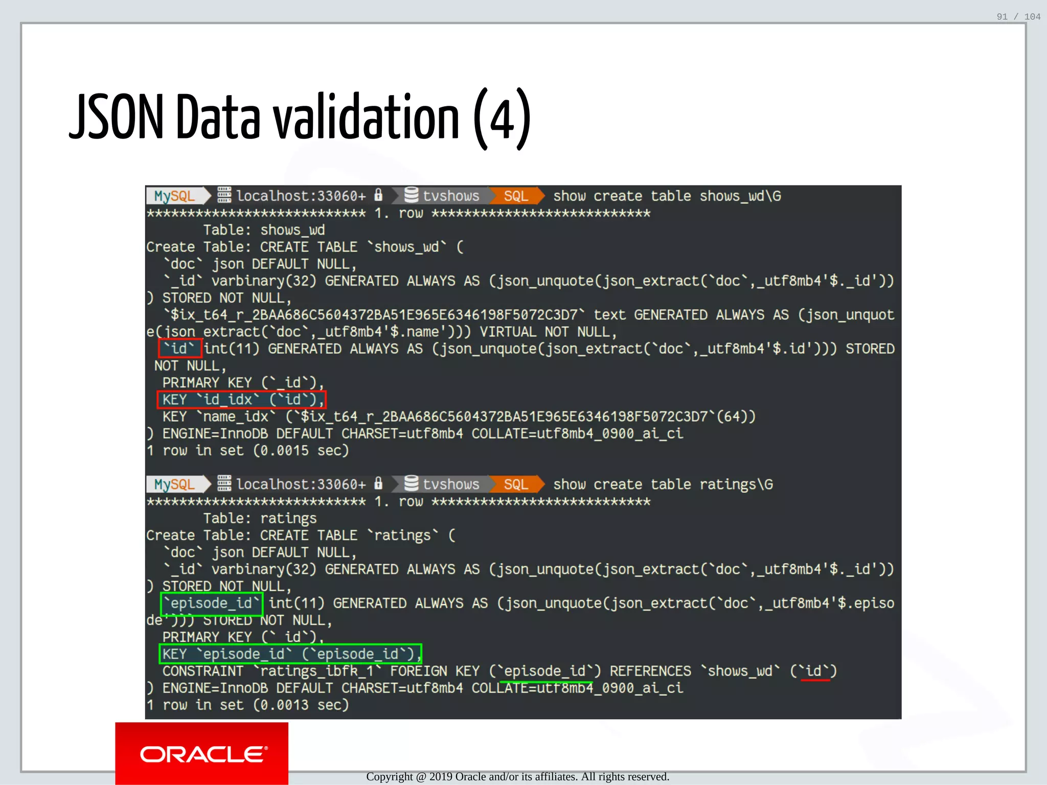 5/2/2019 Python & MySQL 8.0 Document Store ﬁle:///home/fred/ownCloud/Presentations/ORACLE/PyconX/Python e MySQL 8.0 Document Store/Python e MySQL 8.0 Document Store.html#49 91/104 JSON Data validation (4) Copyright @ 2019 Oracle and/or its affiliates. All rights reserved. 91 / 104 