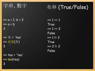 字串、數字
>>> a = 1; b = 2
>>> a + b
3
>>> 茶 = 'tea'
>>> 長度(茶)
3
>>> tea = 'tea'
>>> len(tea)
3
>>> 1 == 1
True
>>> 1 == 2
Fal...