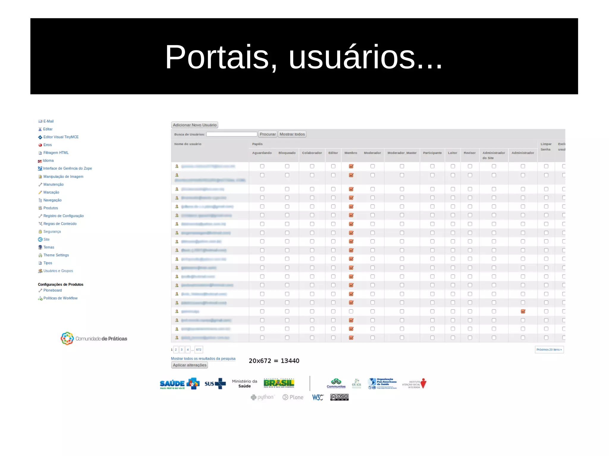 Portais, usuários...
 
