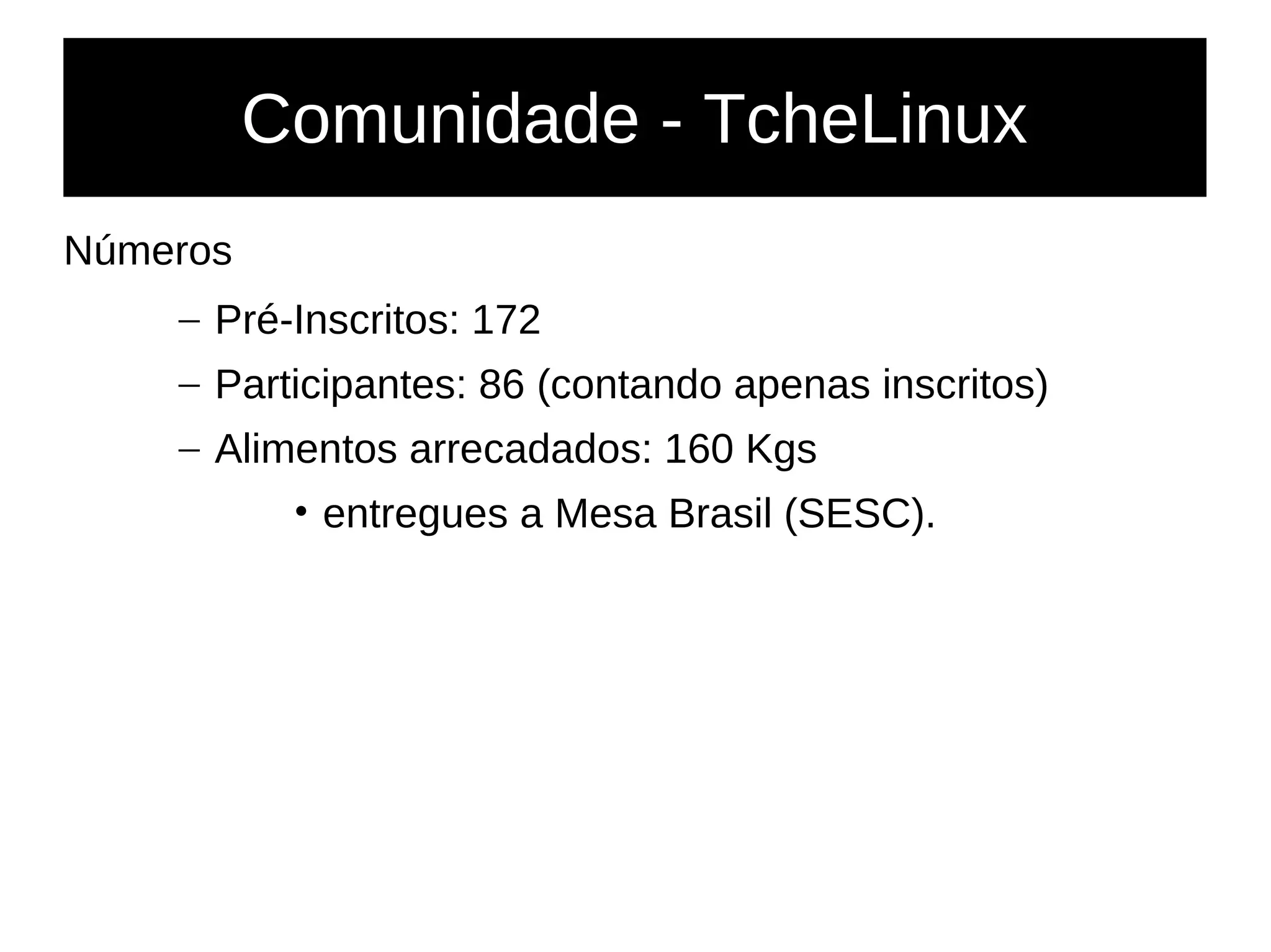 Comunidade - TcheLinux
Números
– Pré-Inscritos: 172
– Participantes: 86 (contando apenas inscritos)
– Alimentos arrecadados: 160 Kgs
• entregues a Mesa Brasil (SESC).
 