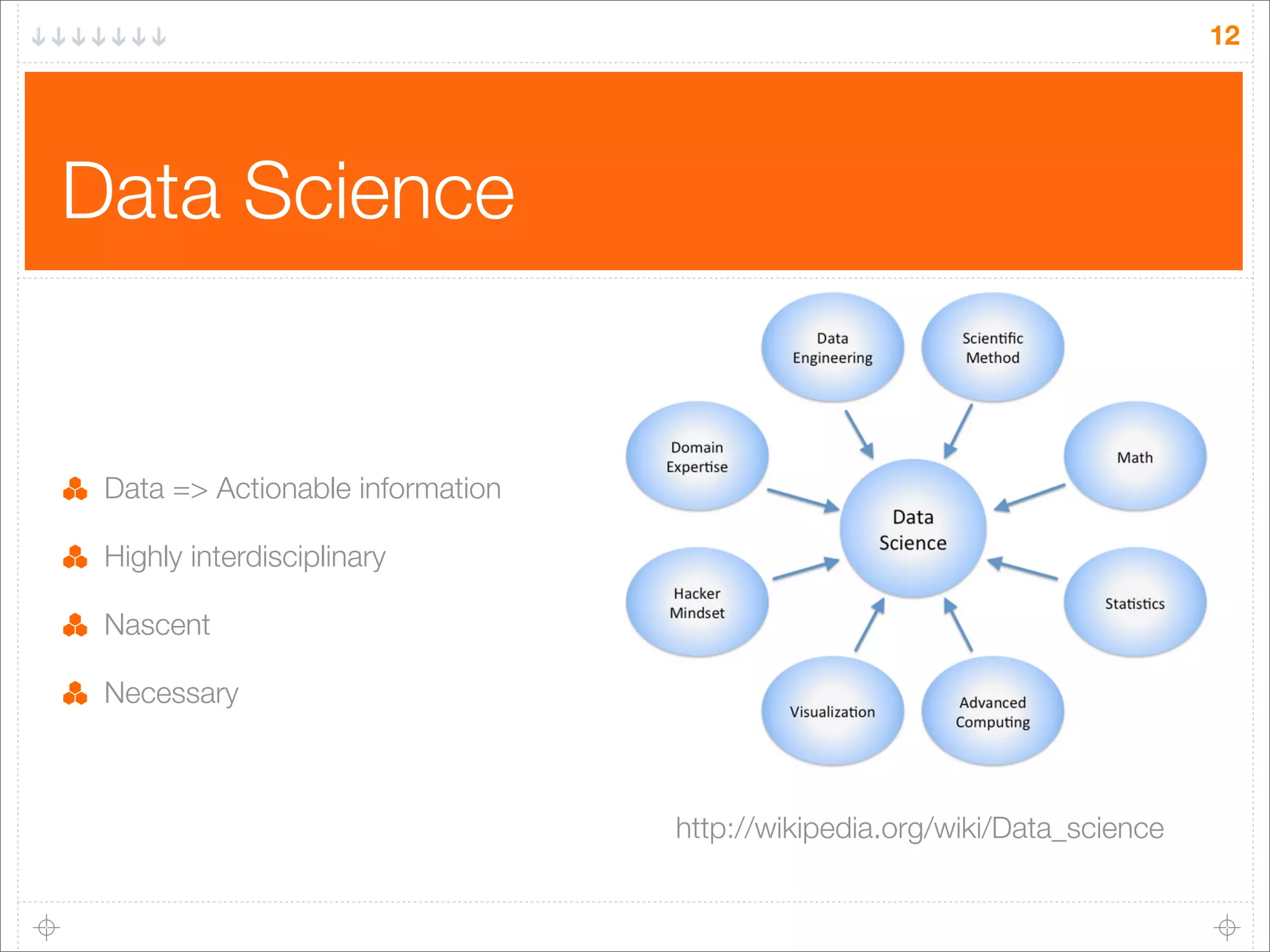 12

Data Science

Data => Actionable information
Highly interdisciplinary
Nascent
Necessary

http://wikipedia.org/wiki/Data_science

 